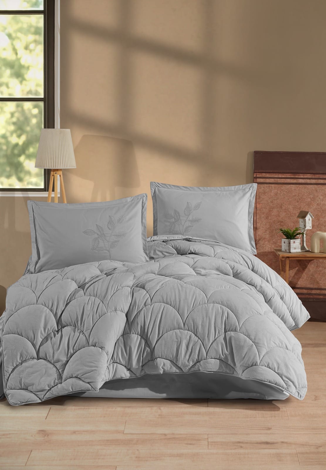 სილიკონის საბანი ორ საწოლიანი ბამბის ზედაპირით ნაცრისფერი 195×215