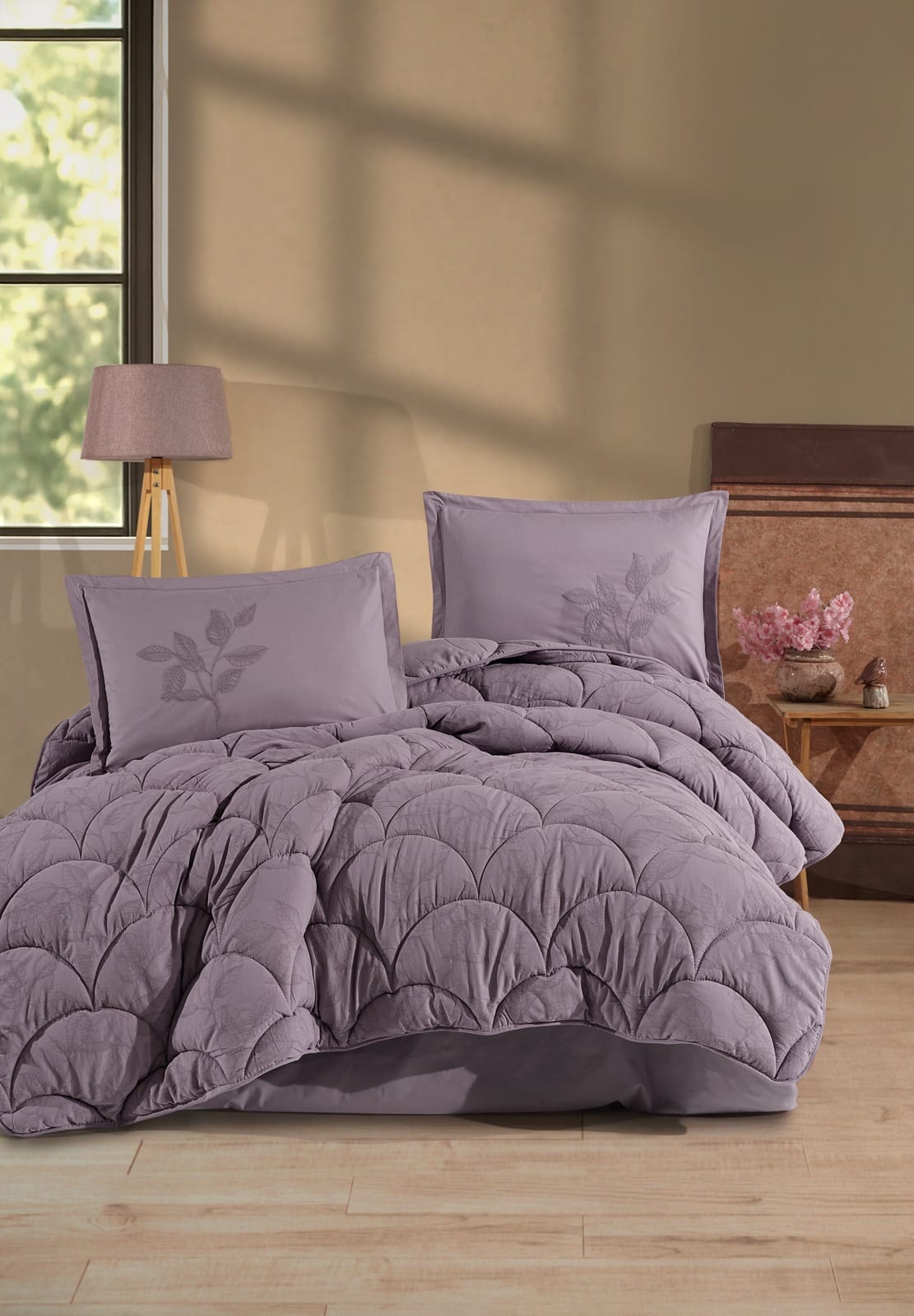 სილიკონის საბანი ორ საწოლიანი ბამბის ზედაპირით იისფერი 195×215